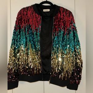 Anna-Kaci Womens Sequin Long Sleeve Front Zip Jacket with Ribbed Cuffs